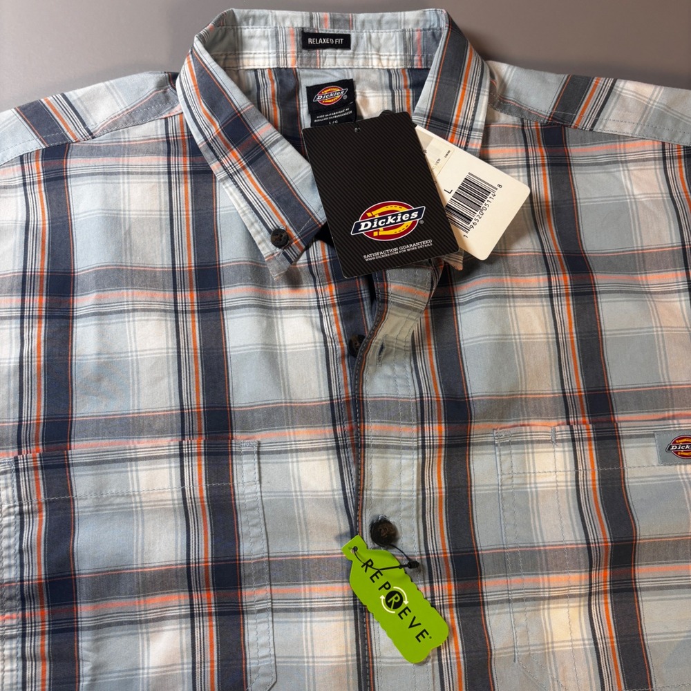 Dickies Mens Relaxed Fit Flex Short Sleeve Plaid Shirt Blue WS551A2T Large NWT